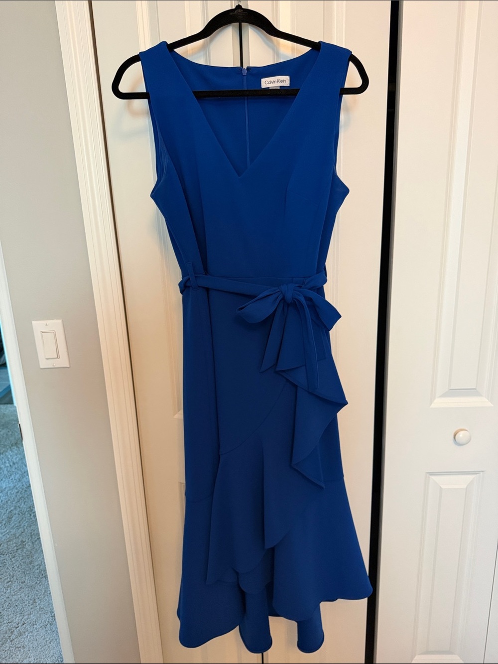 Calvin Klein Cobalt Blue Sleeveless V-Neck Midi Dress with Tie Waist size 14